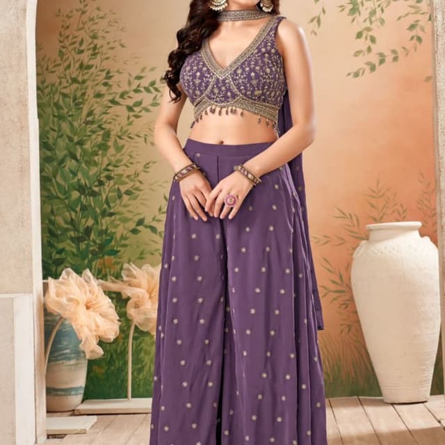 Purple with golden embellishments Lehenga Choli Set (with Palazzo Pants)