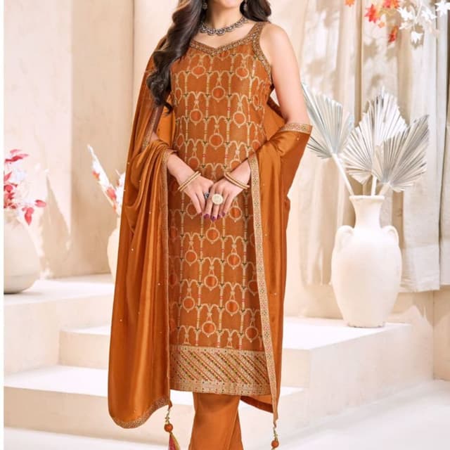 Burnt Orange with Gold and Red accents Kurta Set (Kurta, Pants, Dupatta)