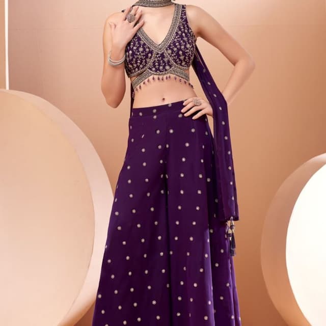 Deep Purple with Gold accents Lehenga Choli with Palazzo Pants and Dupatta