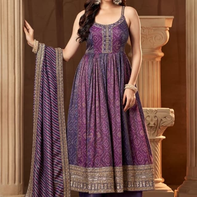 Purple, Violet, Gold Anarkali Suit with Palazzos and Dupatta
