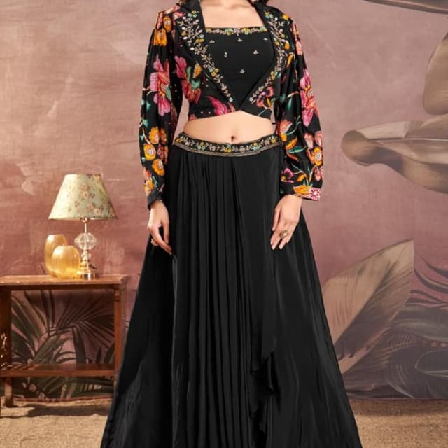 Black with multicolor floral print Lehenga Choli with Jacket