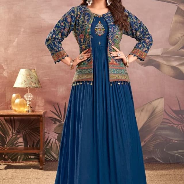 Royal Blue, Navy Blue, Multicolor floral print Anarkali Suit with Jacket