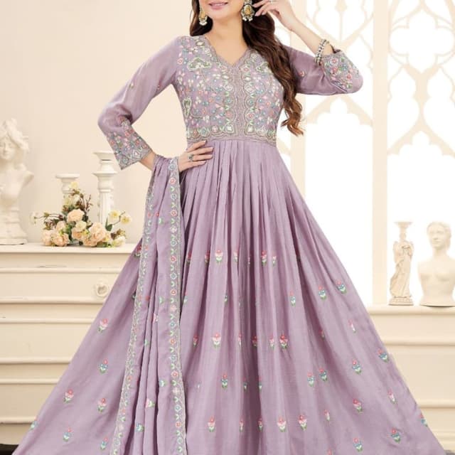 Lavender with multicolor floral embroidery Anarkali Suit