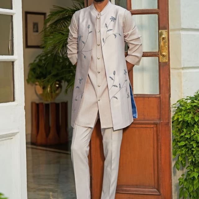 Beige, Light Grey, Blue Sherwani Set