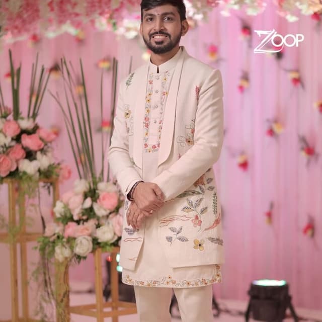 Cream, White, Multi-colored floral embroidery Sherwani Set