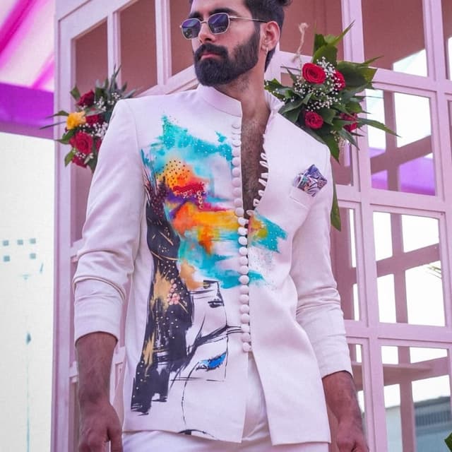 White, Multicolor abstract print with shades of blue, orange, yellow, pink, and black Sherwani