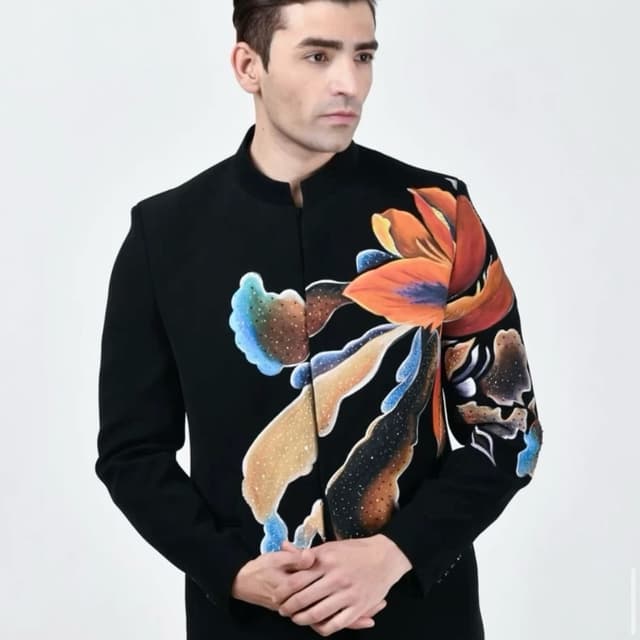 Black with vibrant floral print (orange, blue, beige, brown, white) Jacket