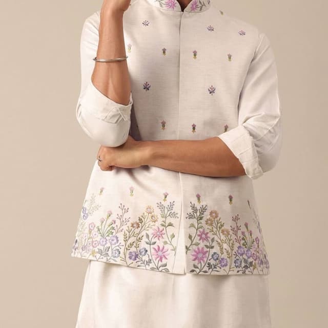 Off-white, pastel floral colors (pink, purple, green, yellow) Nehru Jacket / Modi Jacket