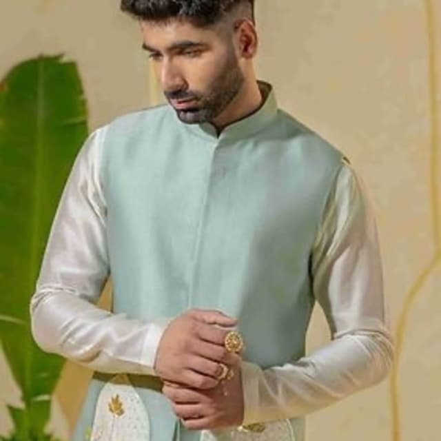 Mint green, Off-white, Gold Sherwani-style jacket with inner kurta