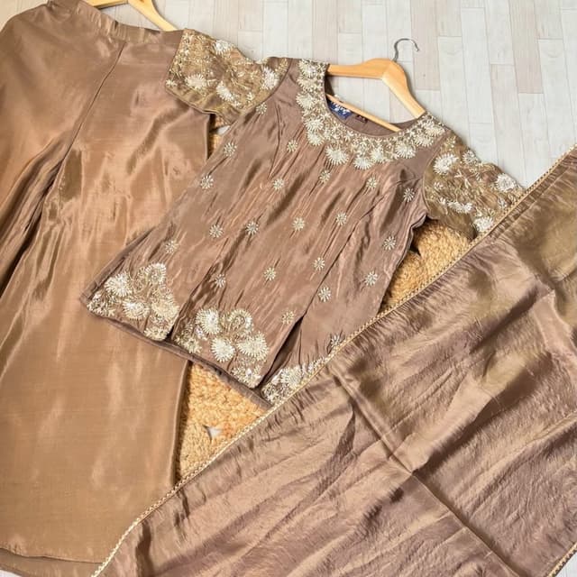 Brown, Gold Kurta and Pants Set