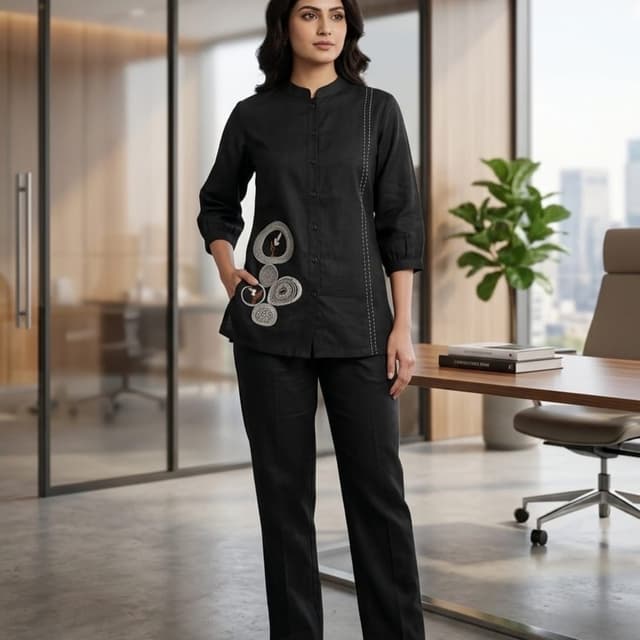 Black, White, Silver, Brown accents Trousers and Shirt Set