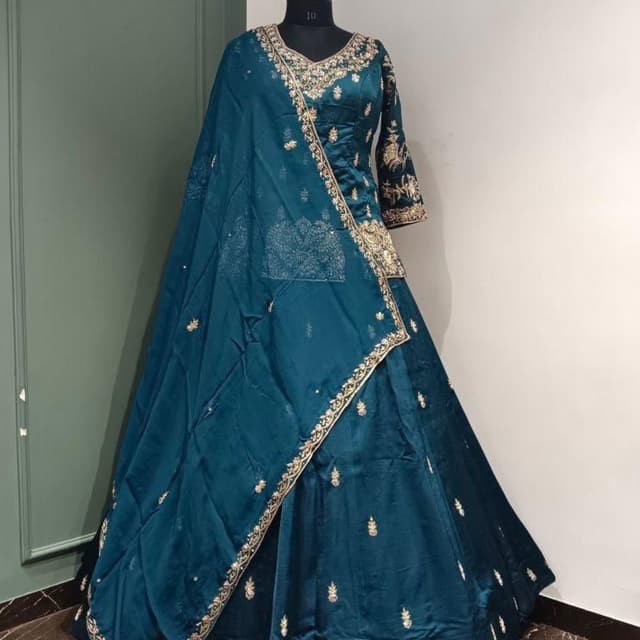 Teal, Gold Lehenga Choli