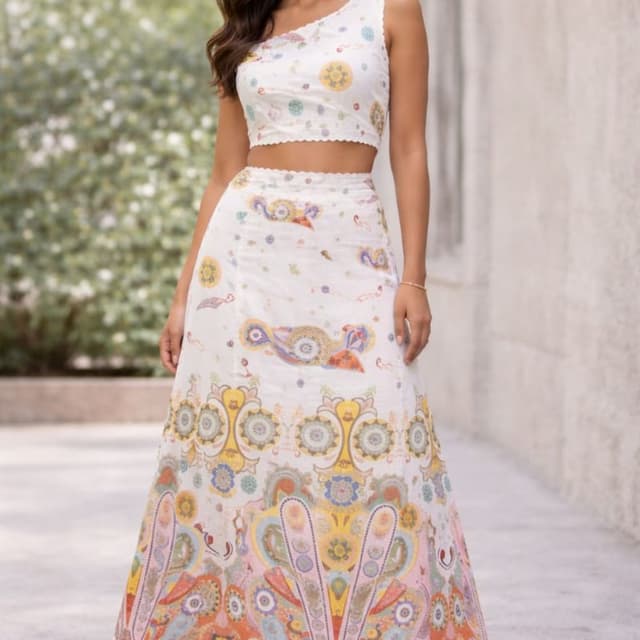 White with multi-color paisley and floral print in shades of yellow, orange, pink, blue, and green Co-ord set (Crop top and skirt)