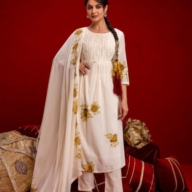 Off-white, Mustard Yellow, Red accents Kurta Set (Kurta, Pants, Dupatta)