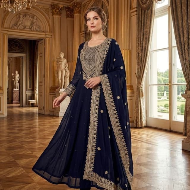 Navy Blue and Gold Anarkali Suit with Dupatta