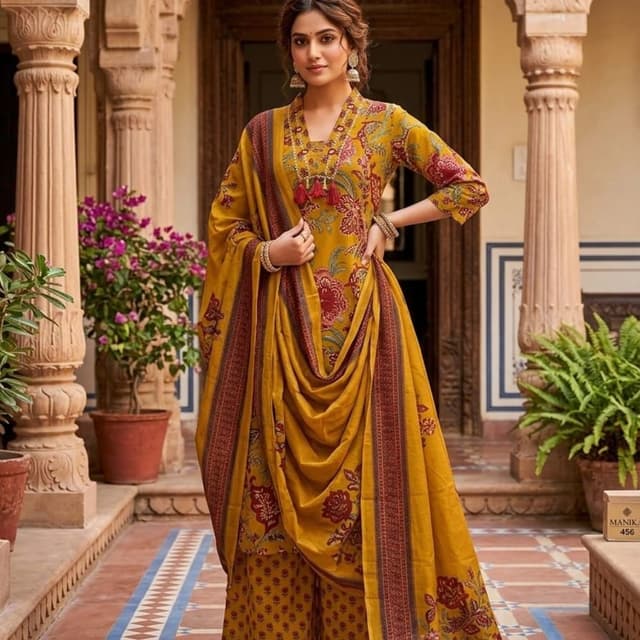 Yellow, Maroon, with accents of green and brown Kurta Set with Dupatta