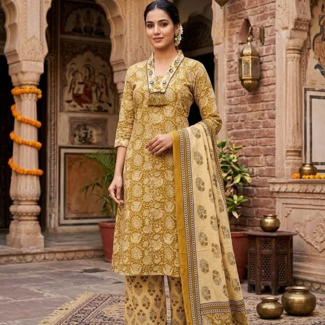Mustard yellow with beige and brown accents Kurta Set with Dupatta