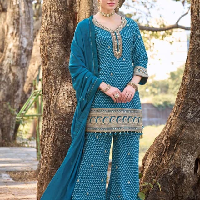 Teal blue with gold accents Salwar Kameez