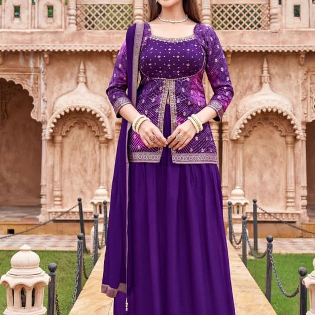 Vibrant Purple, Pink Ombre, Gold Accents Anarkali Suit with Jacket