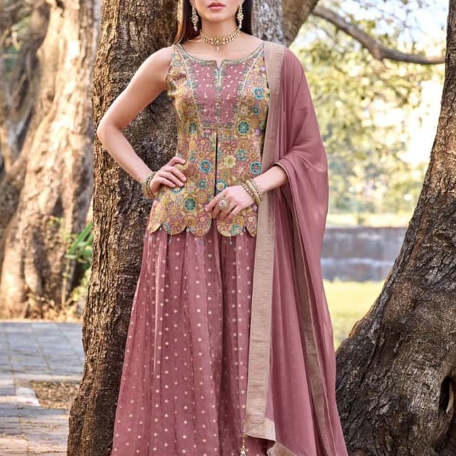 Dusty Rose with gold and multicolor floral print Sharara Set