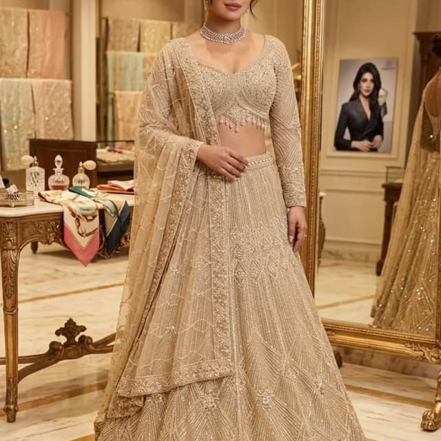 Beige, Gold Lehenga Choli