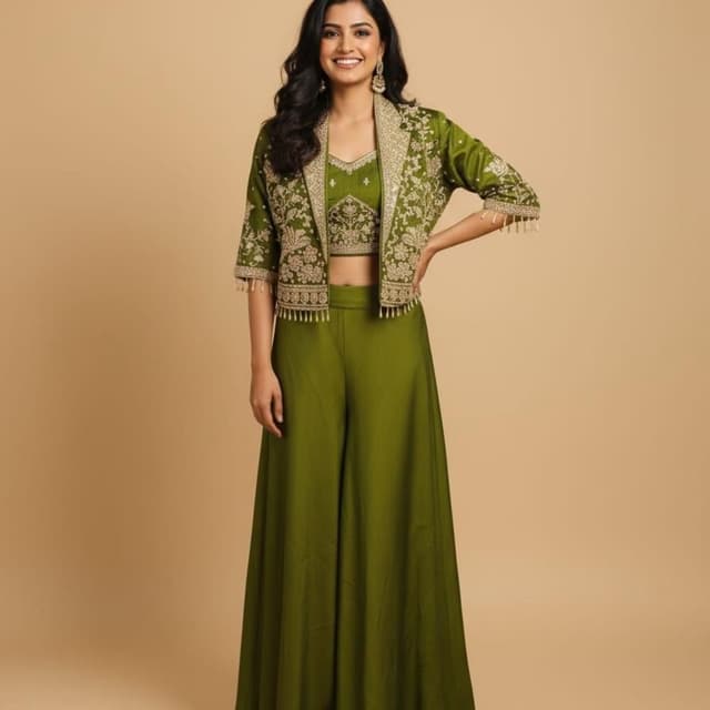 Olive Green, Gold Crop top, Jacket, Palazzo pants