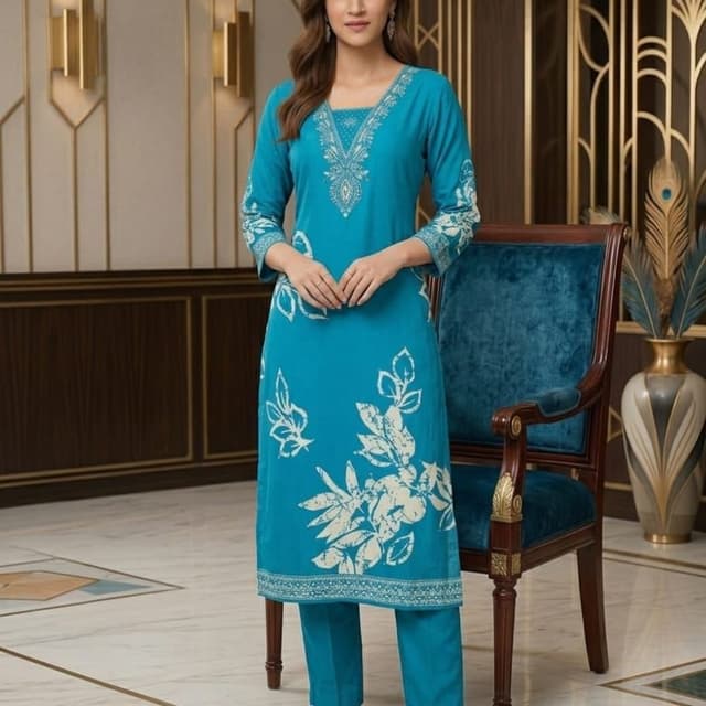 Teal blue with off-white print Kurta and Pant Set