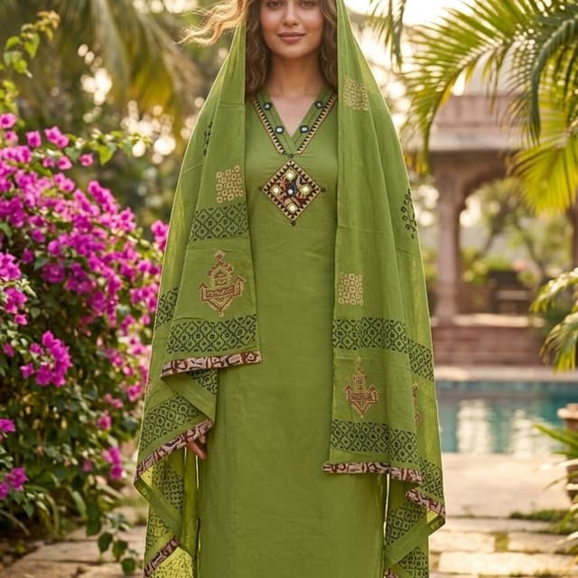 Lime green, dark green, brown, and subtle shades of red and blue Kurta Set