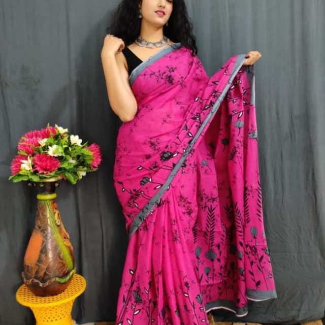 Hot Pink with black and grey floral print Saree