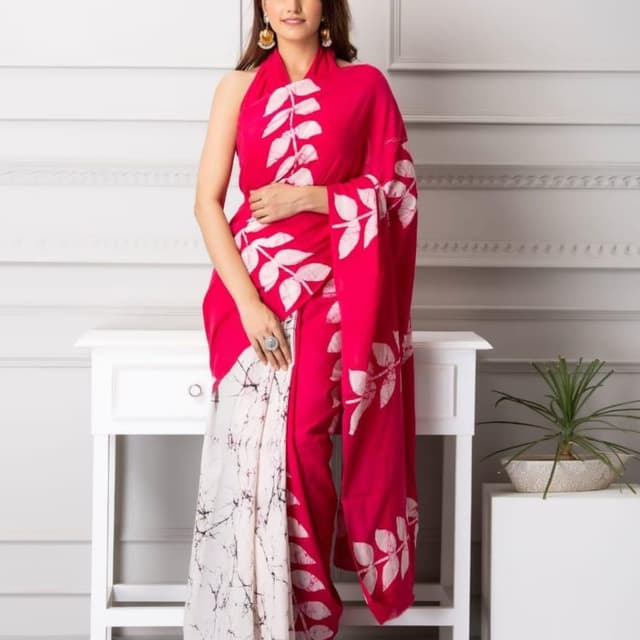 Hot Pink and White Saree