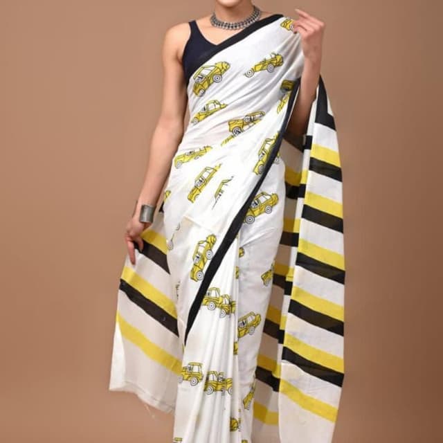 White, Yellow, Black Saree