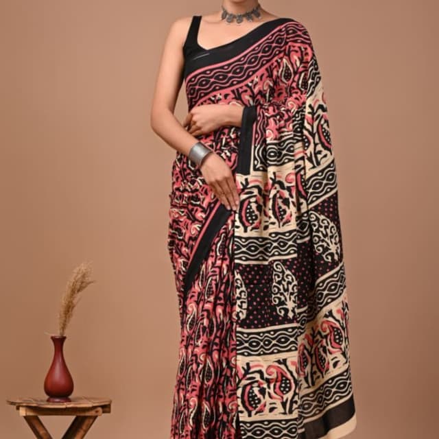 Pink, Black, Cream Saree