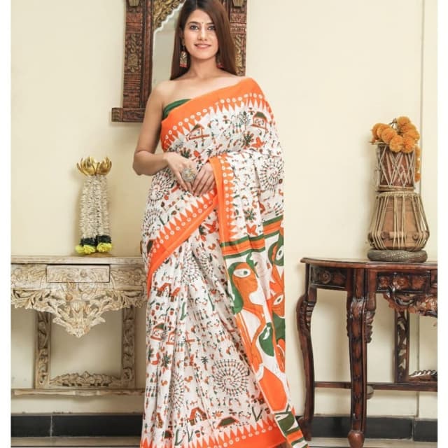 White, Orange, Green Saree