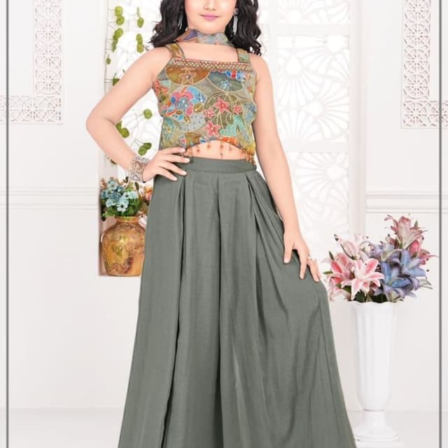 Olive green, multicolor floral print Crop top and Palazzo pants set