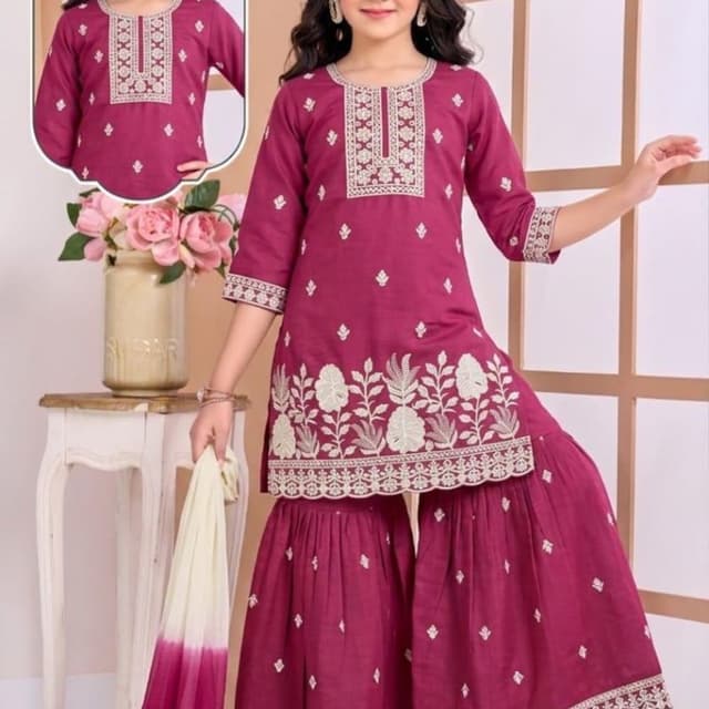 Maroon with White/Cream embroidery and a gradient dupatta Sharara Set (Kurti, Sharara pants, Dupatta)