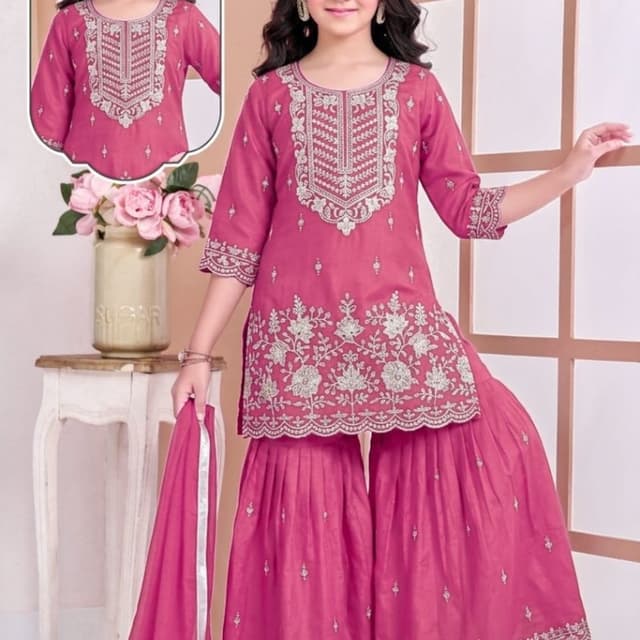 Fuchsia with silver embroidery Sharara Set