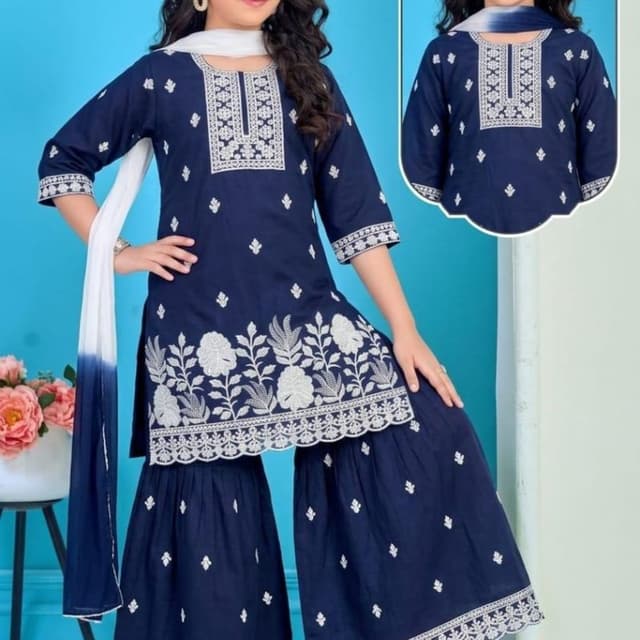 Navy Blue and White Sharara Suit