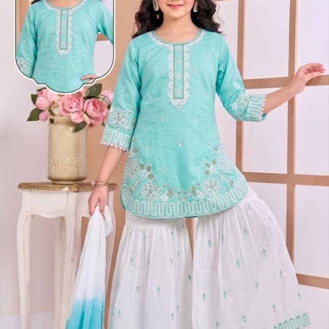 Aqua, White, Green accents Sharara Set