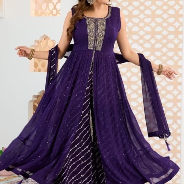 Deep Purple with White and Gold accents Anarkali Suit with Palazzo Pants