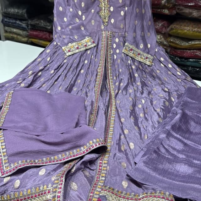 Lavender with gold, pink, and white accents Anarkali Suit with Dupatta and Pants