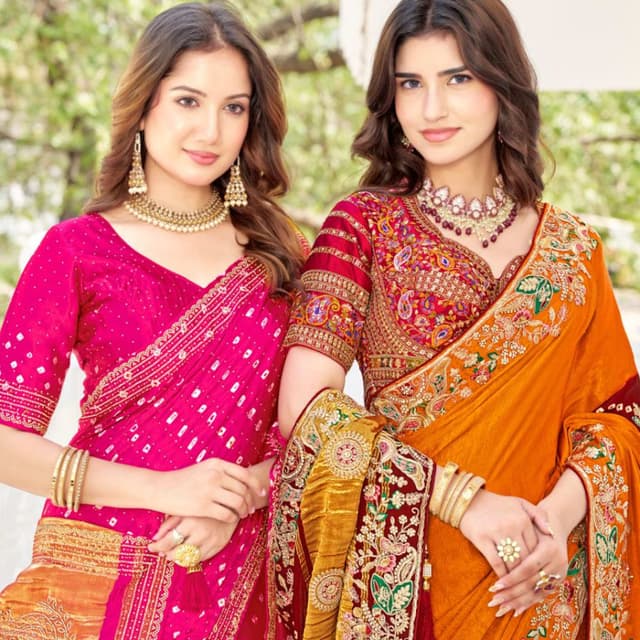 Hot Pink, Orange, Gold, Red, Multicolor Saree, Blouse