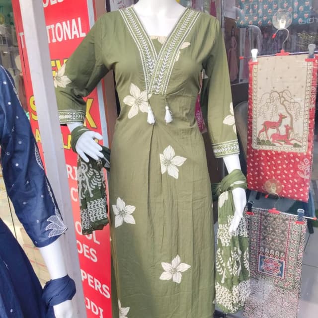 Olive green with white floral print and green dupatta with white print Kurti and Palazzo set with Dupatta