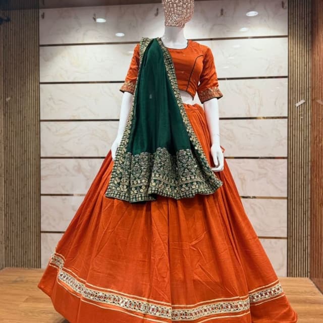 Orange, Green, Gold Lehenga Choli