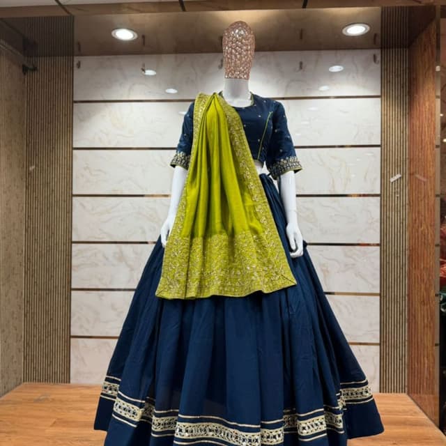 Navy Blue and Lime Green with Gold accents Lehenga Choli