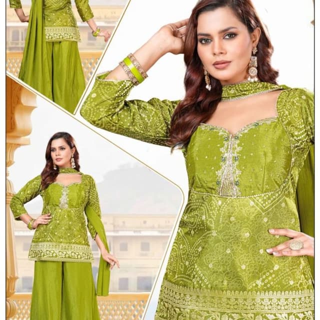 Lime Green with Silver Embellishments Sharara Suit