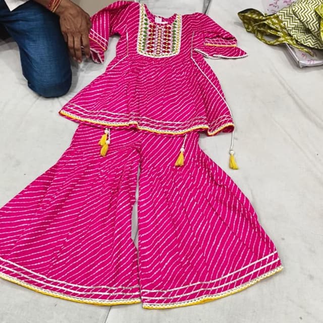 Pink with white stripes, yellow tassels, multicolor embroidery Sharara Set