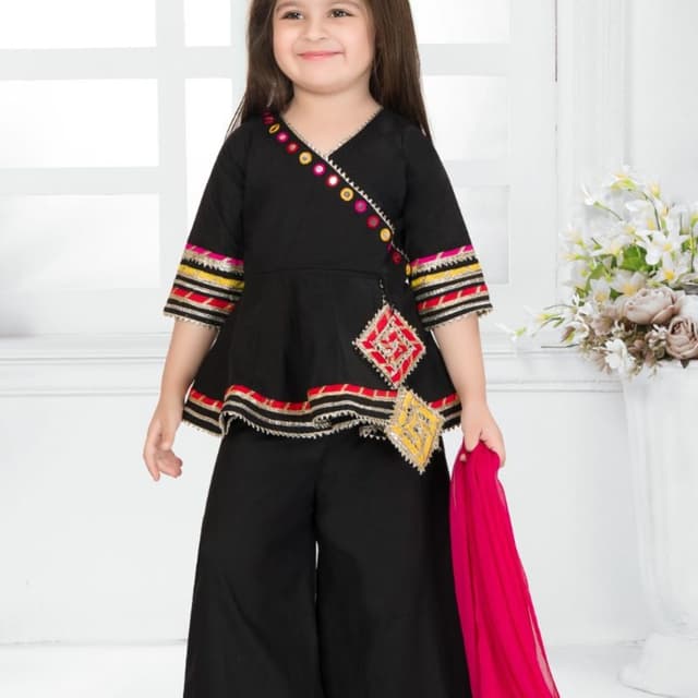 Black with multicolor accents (red, yellow, pink, silver, gold) Kurta and Palazzo set with Dupatta