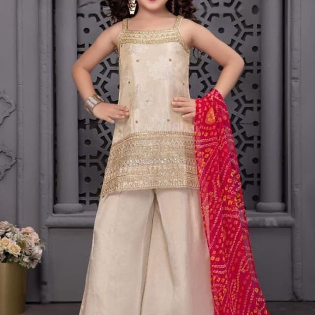 Cream, Gold, Red, Pink Lehenga Choli (or Salwar Kameez with Palazzo)