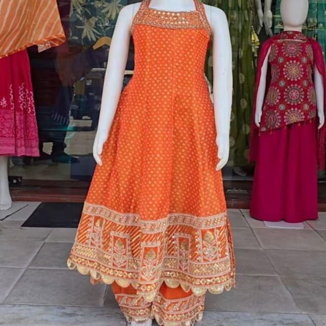 Orange, Gold Anarkali Suit