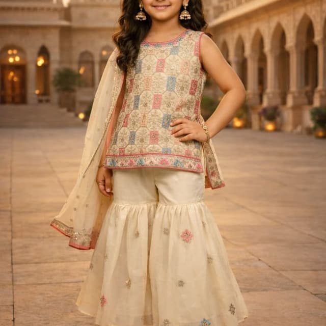 Cream, Pink, Blue, Beige, Gold Sharara Set